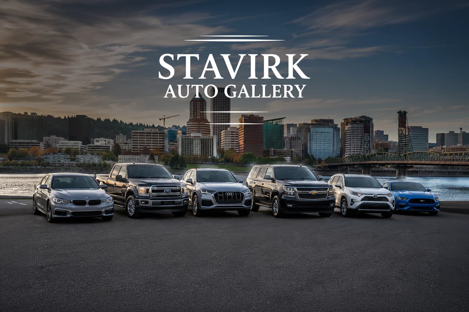Stavirk Auto Gallery used car dealership lot in Portland, Oregon featuring pre-owned luxury and everyday vehicles